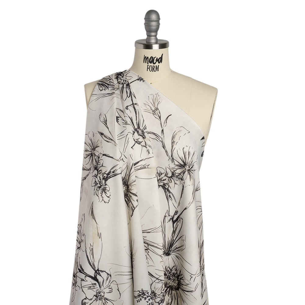 Polyester Crepe-Back Satin - Black and Cream Florals - Mood Exclusive Illustrated Herbarium Print - Joann Fabrics