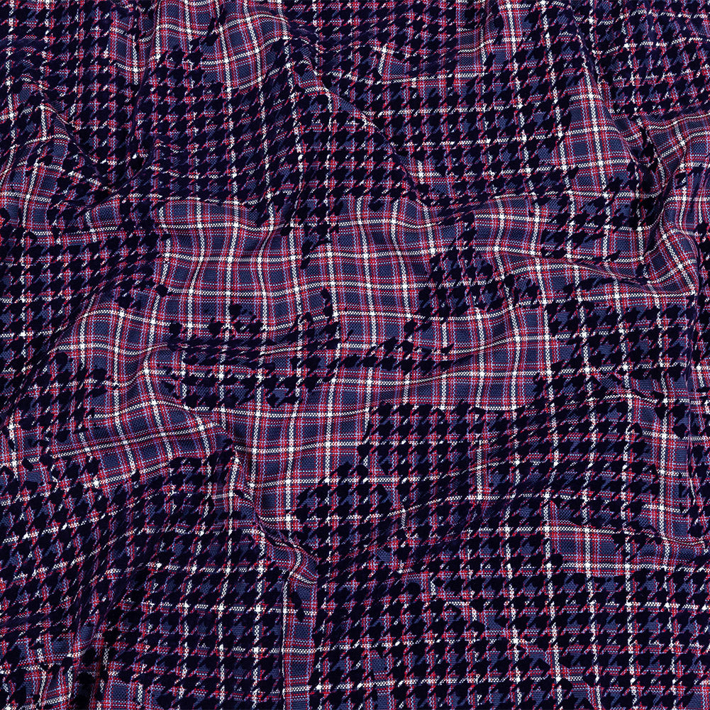 Navy, Red and Estate Blue Negative Space Florals in Flocked Houndstooth on Plaid Rustic Cotton and Polyester Woven - Joann Fabrics