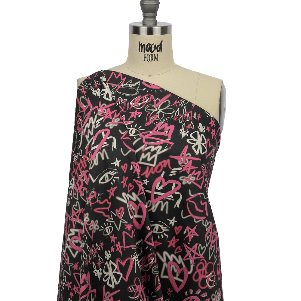 Stretch Cotton Sateen - Pink and Black Graffiti Doodles - Spontaneous Collaboration Print - Mood Exclusive Metro Collection - Joann Fabrics