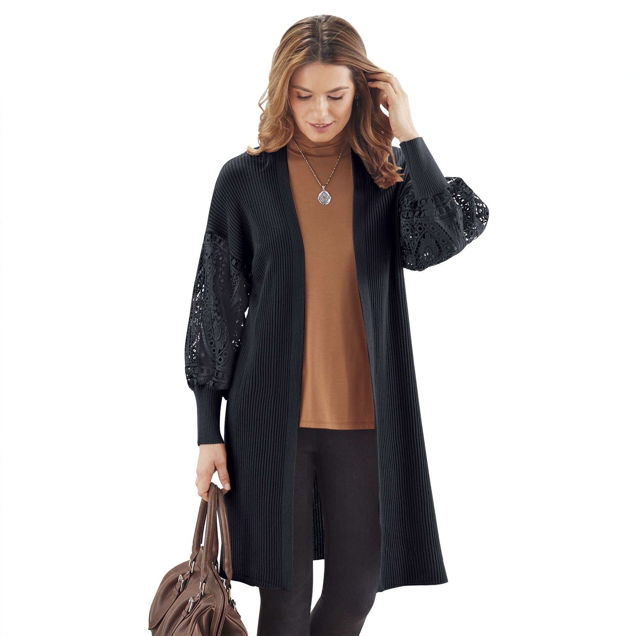 Lace-Sleeve Long-Length Cardigan, Rib Knit, Open Front - Northstyle Catalog