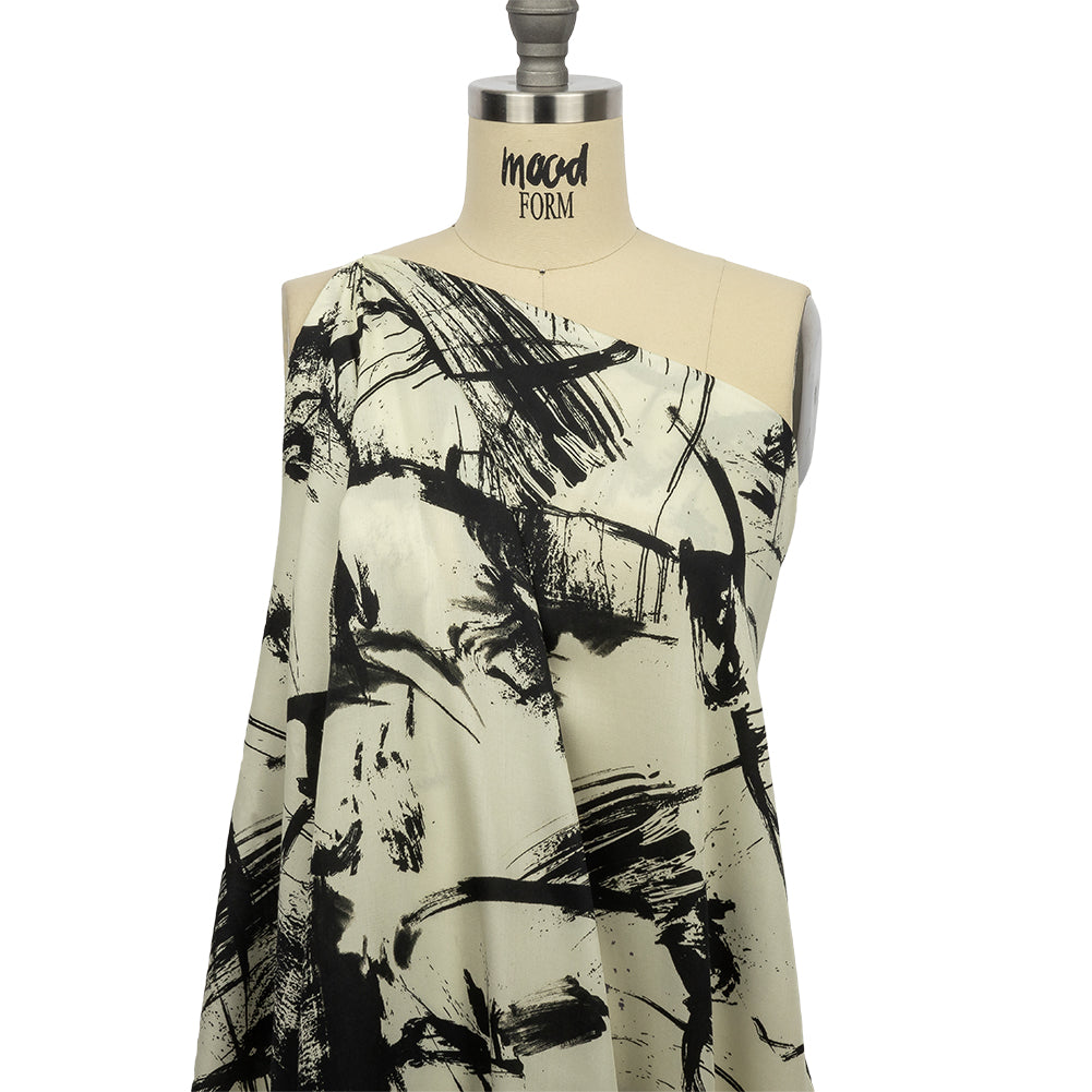 Rayon Challis - Black and White Abstract - Subway Lines Print - Mood Exclusive Metro Collection - Joann Fabrics
