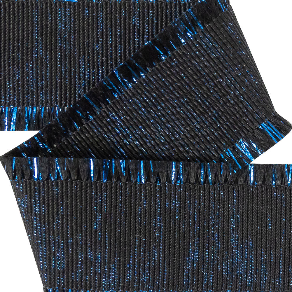 Italian Black and Magnetic Blue Metallic Grosgrain Ribbon with Fringe - 1.4375