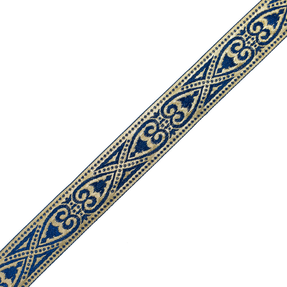 Blue and Metallic Gold Heart Jacquard Ribbon - 1.5