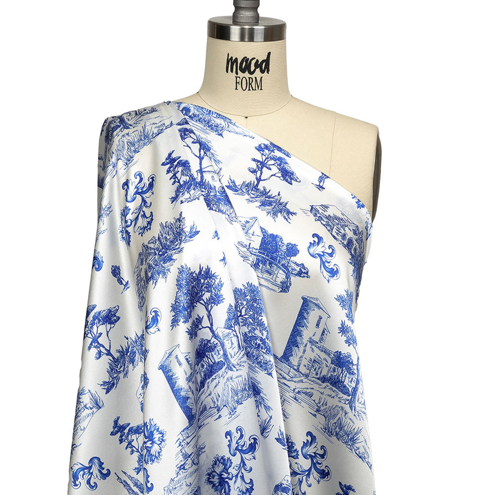 Mood Exclusive Italian Blue and Cloud Dancer Elegant Toile Silk Charmeuse - Joann Fabrics
