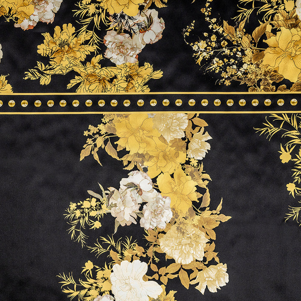 Mood Exclusive Italian Gold and Black Ornate Floral Digitally Printed Silk Charmeuse Panel - Joann Fabrics