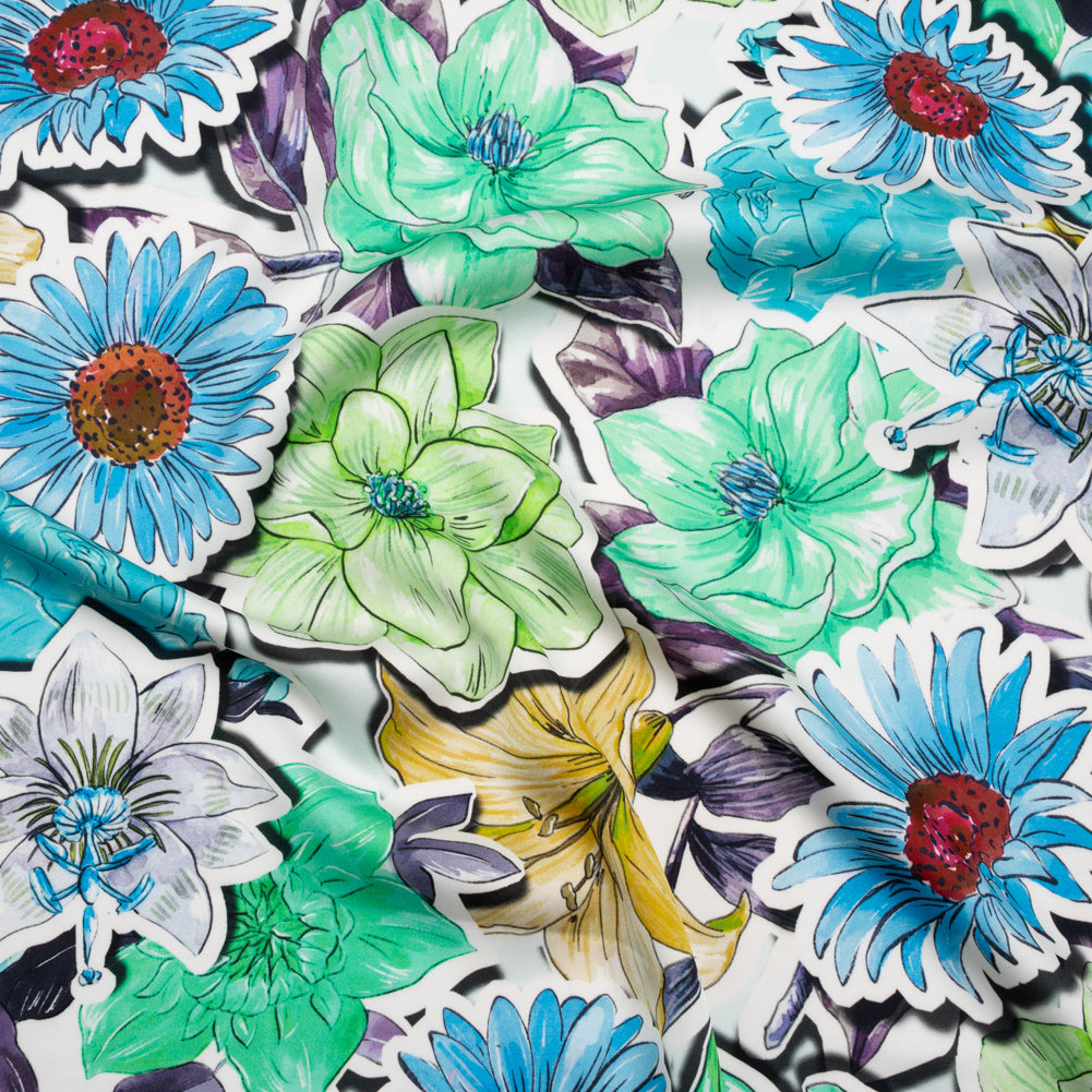 Polyester Satin - Green, Blue and Purple Overlapping Flower Cutouts - Mood Exclusive Layered Whimsy Print - Joann Fabrics