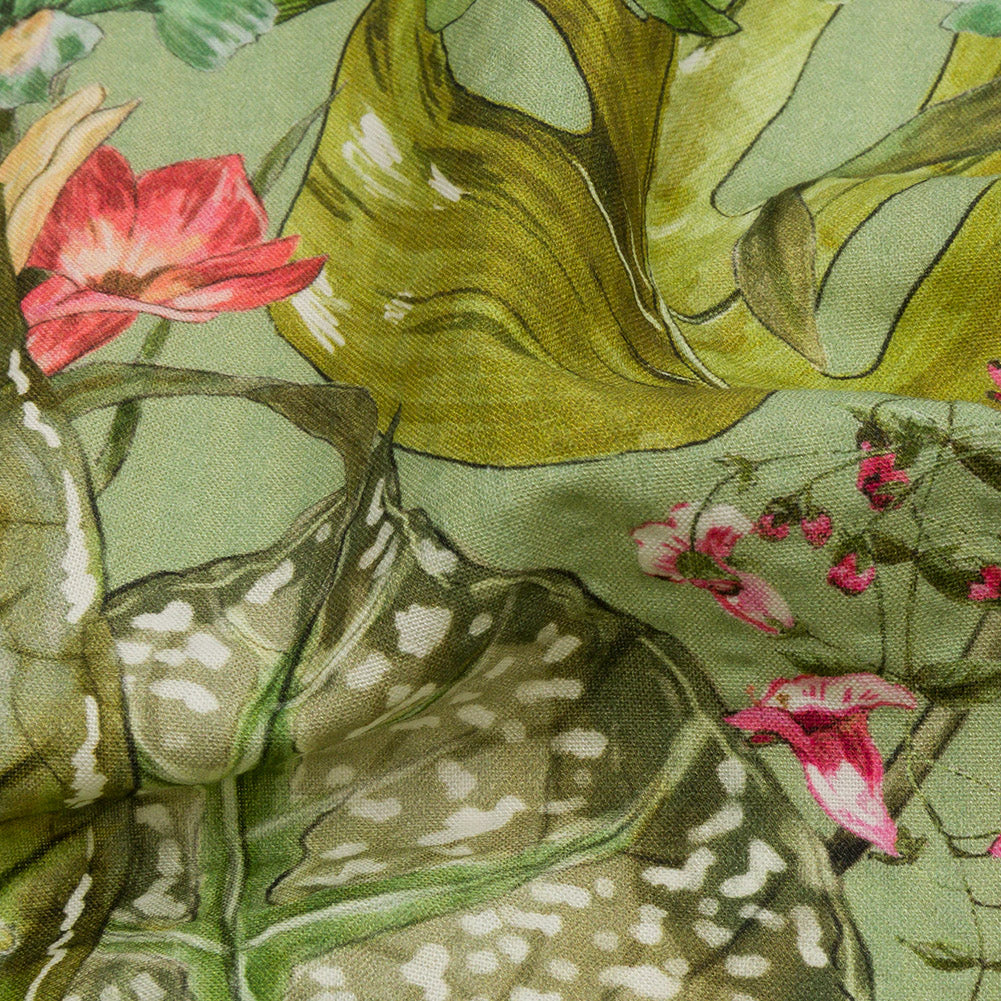 Cotton and Viscose Striped Seersucker Print - Green and Pink Tropical Leaves and Flowers - Mood Exclusive Monstera Mambo - Joann Fabrics