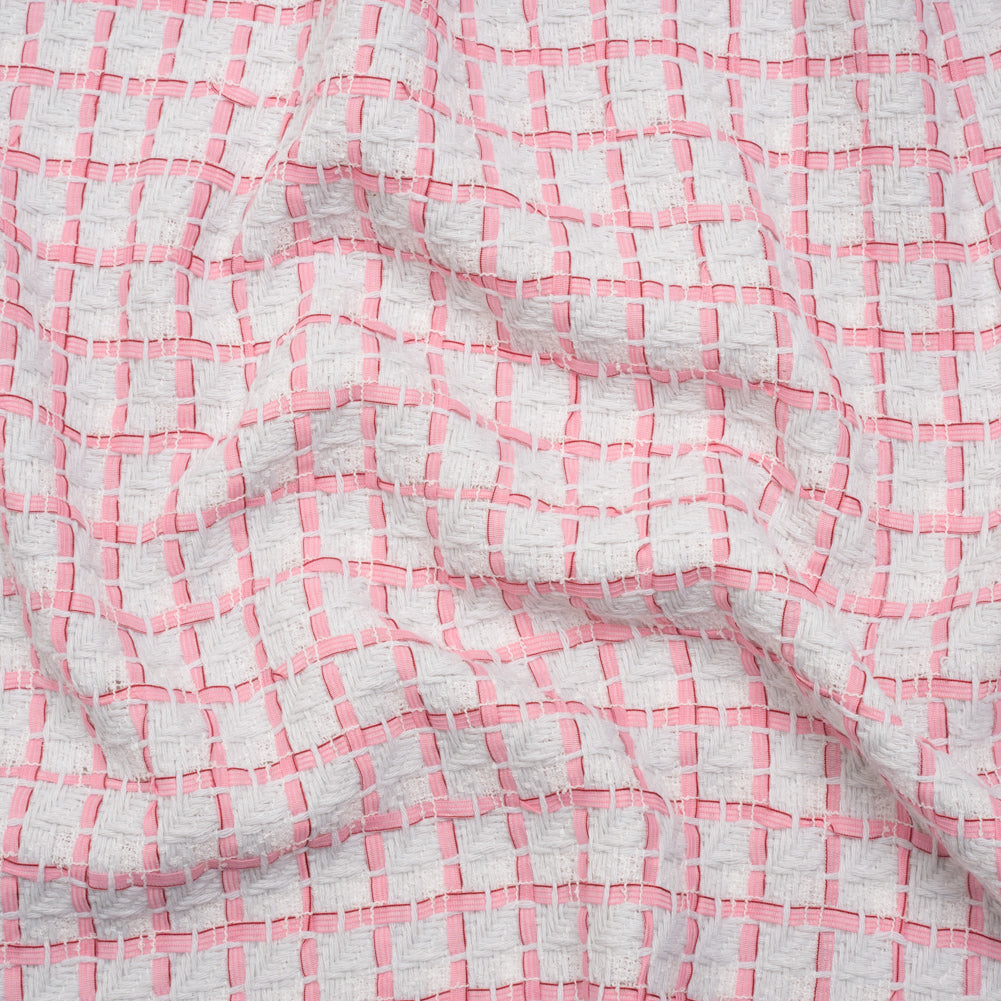Tweedy Polyester Woven - White and Pink Ribbon Windowpane Checks - Deadstock - Joann Fabrics