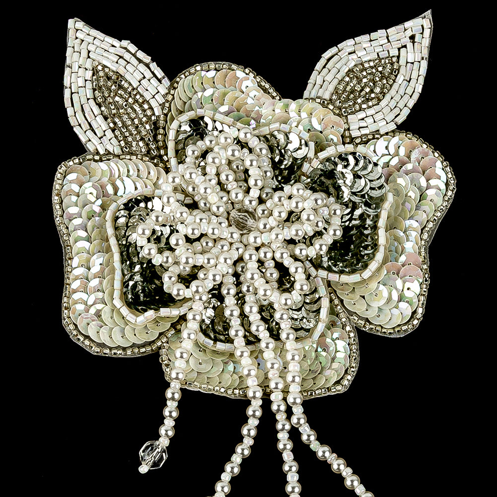 Vintage White Iris and Pearl, Silver Sequins and Beaded 3D Floral Applique with Crystal Bead Center - 6.625