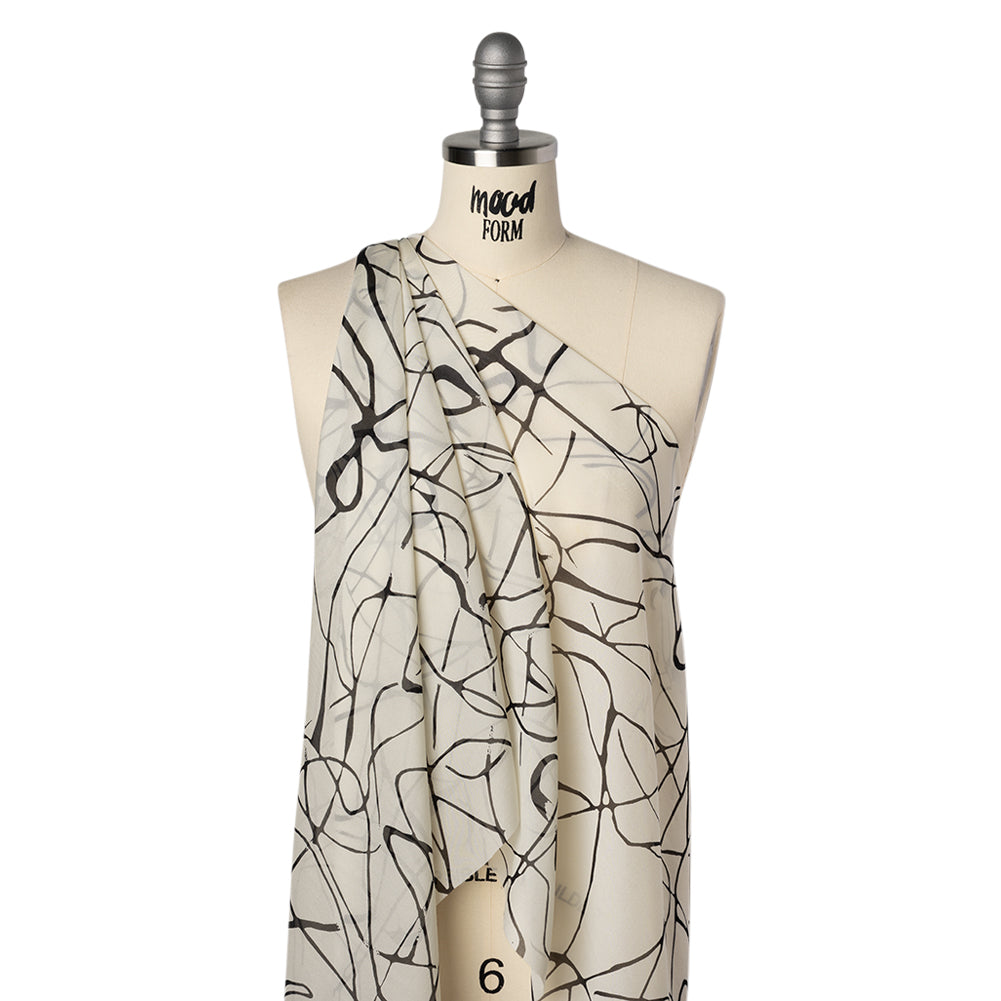 Silk Voile Print - Off White and Black Squiggles - Deadstock - Joann Fabrics