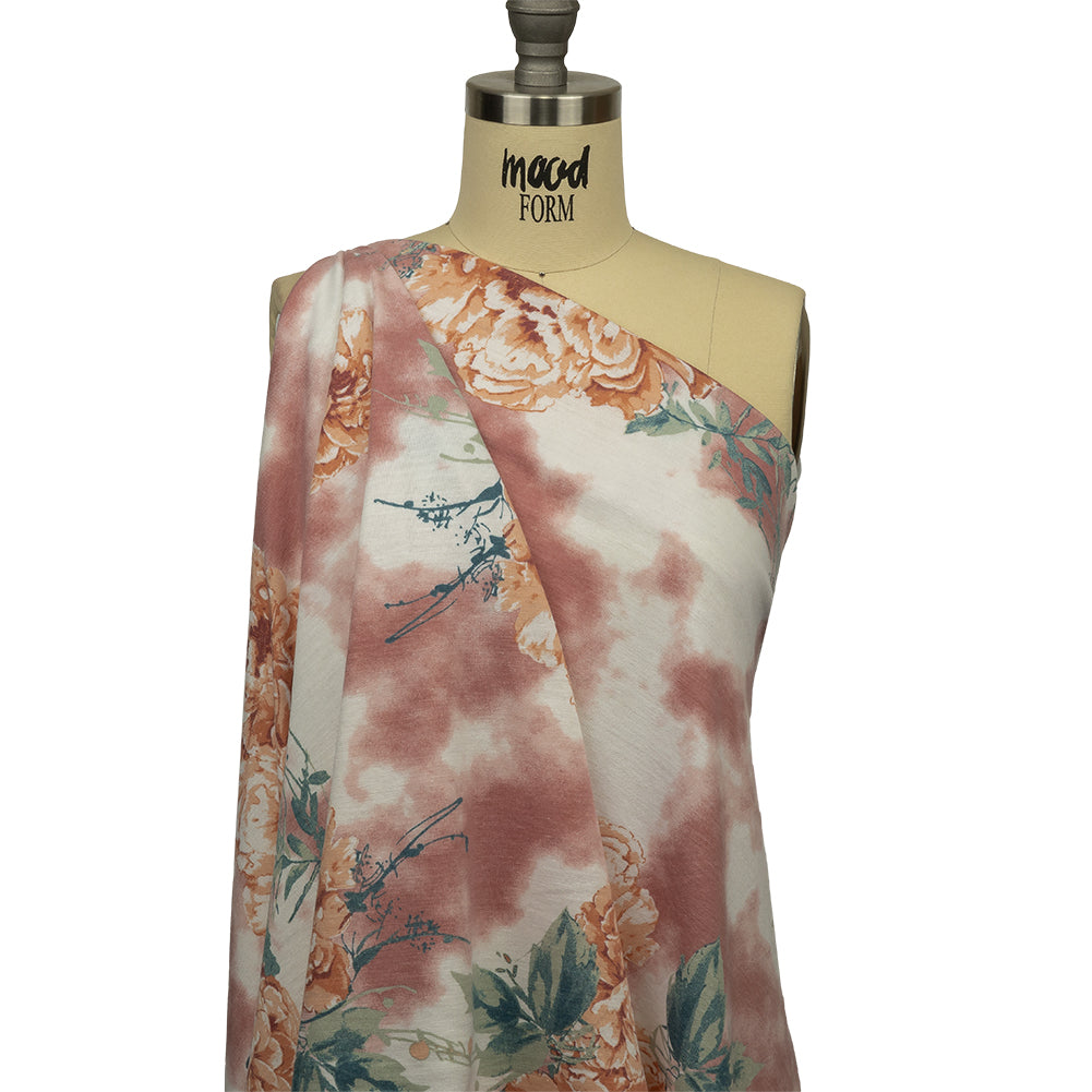 Pink, Orange and Sage Roses and Tie Dye Stretch Polyester and Rayon French Terry - Joann Fabrics