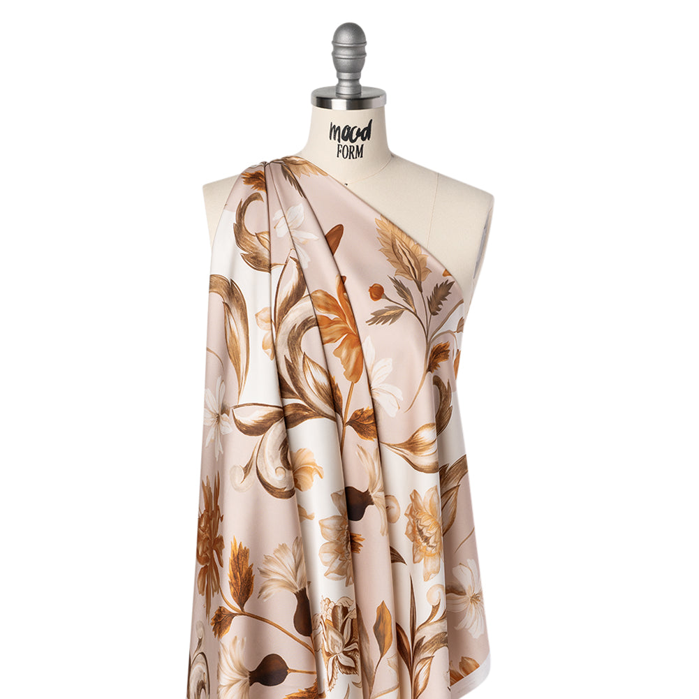 Polyester Satin - White, Beige and Brown Flower Vine Stripes - Mood Exclusive Fleur de Rocaille Print - Joann Fabrics