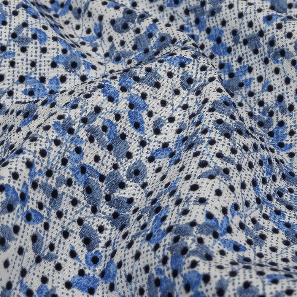 Black Flocked Polka Dots on Blue and White Leaves and Dots Stretch Cotton Shirting - Joann Fabrics