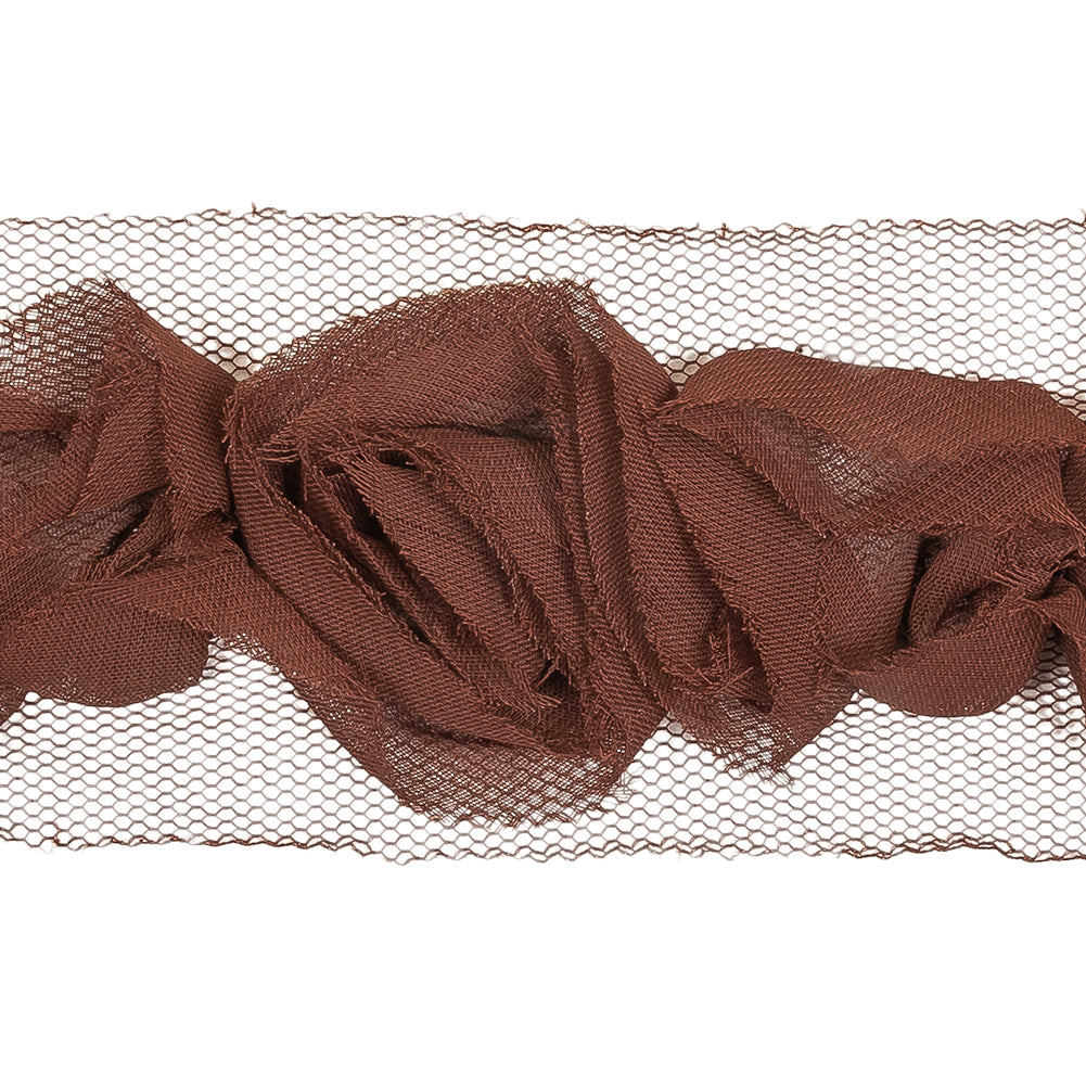 Brown 3D Chiffon Roses on Tulle Trim - 2.125