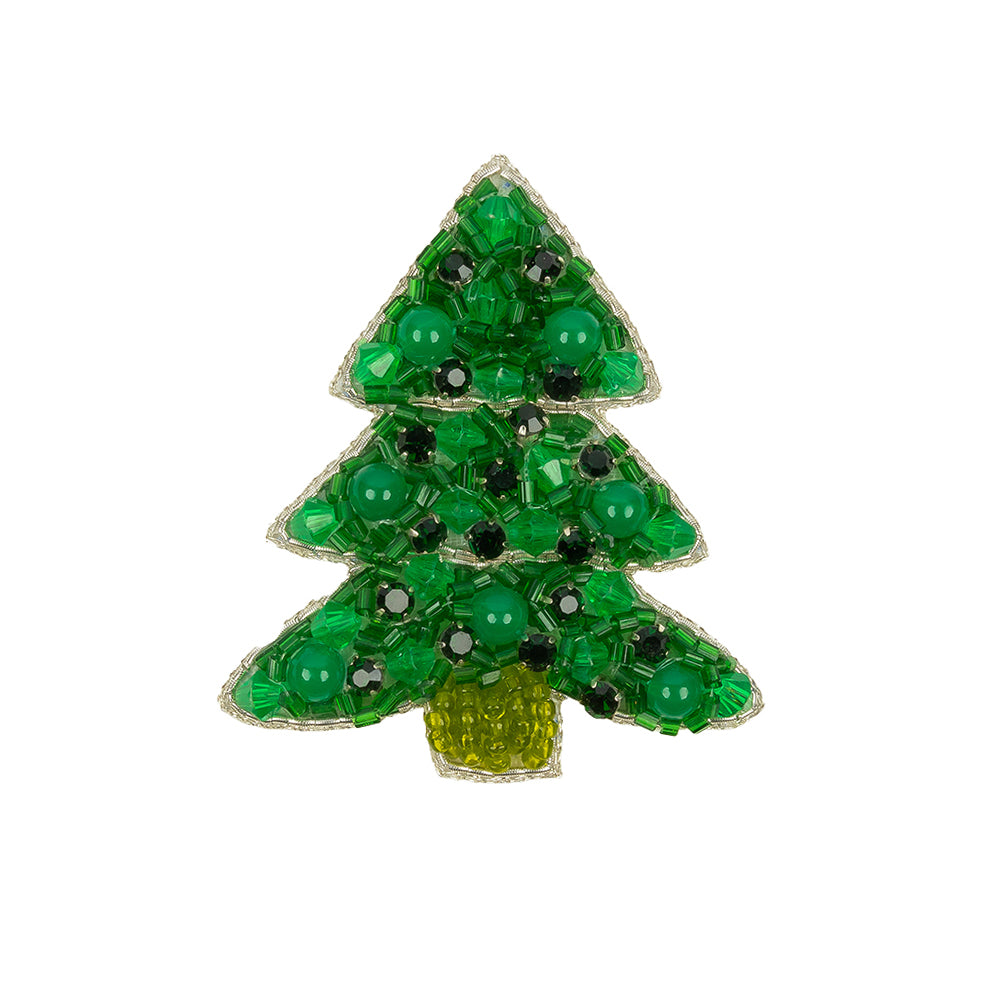 Green and Silver Christmas Tree Rhinestones and Glass Beaded Applique - 2.5