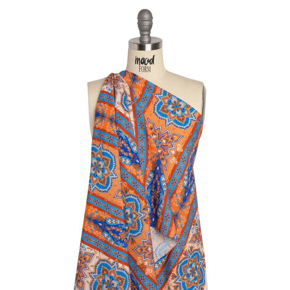 Viscose Crepe Print - Blue and Orange Floral Medallion Stripes - Mood Exclusive Happy Hayday - Joann Fabrics