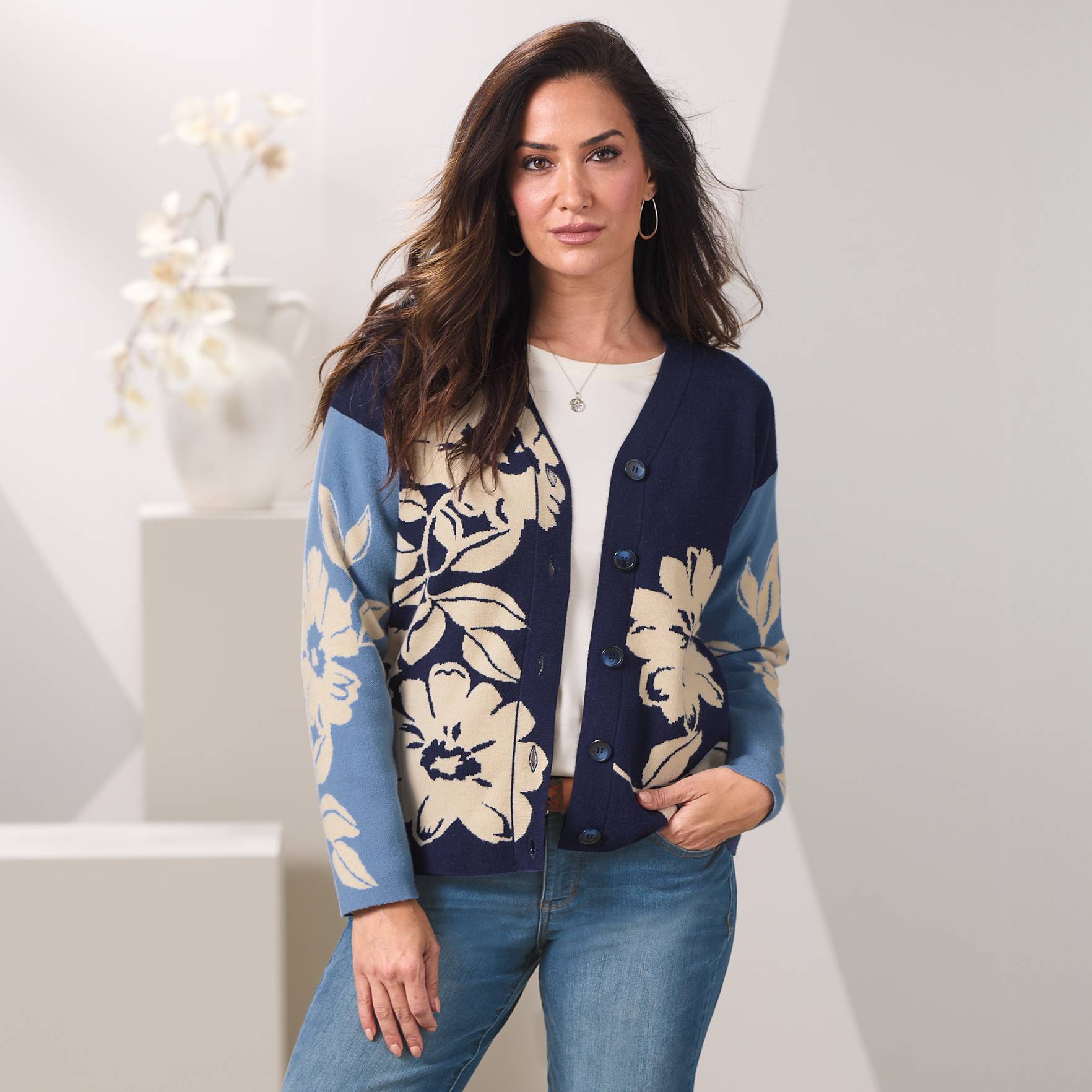 Blocked Floral Cardigan, Button Front, V-Neck - Northstyle Catalog