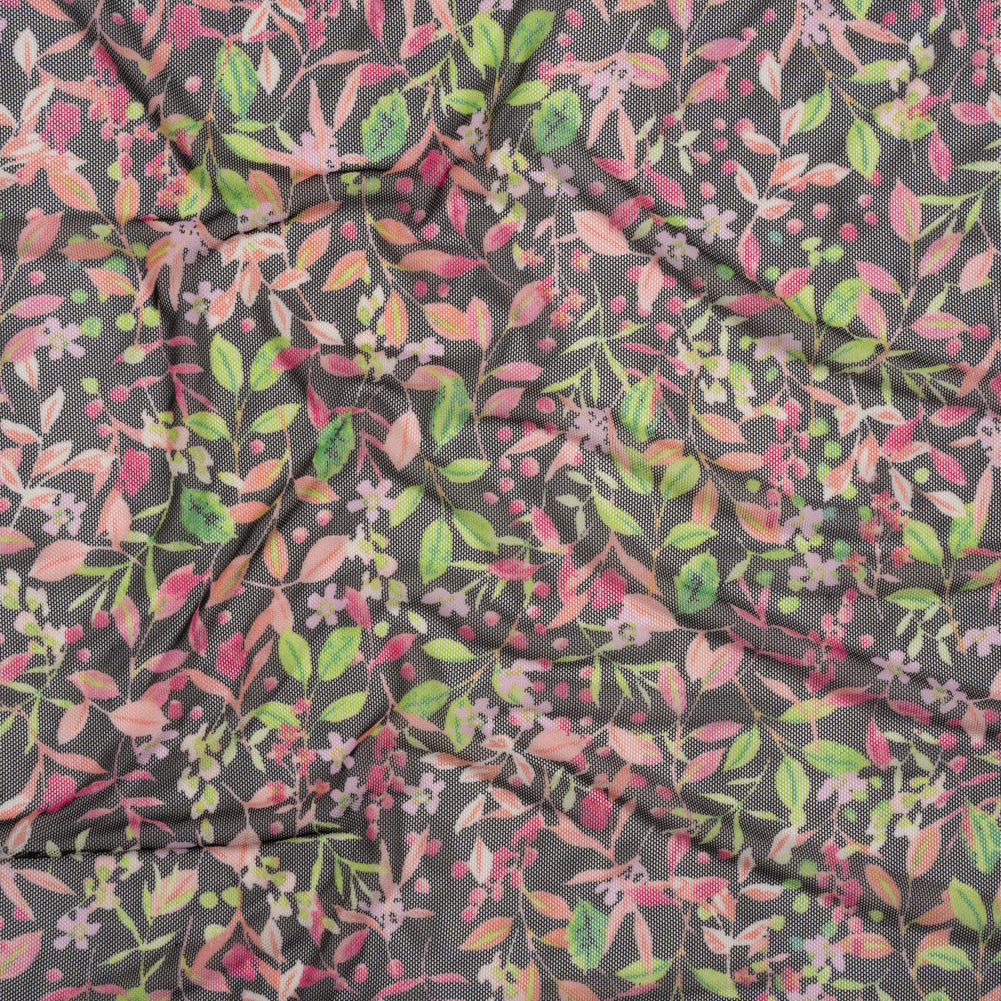 Polyester Stretch Mesh - Black, Pink and Green Flowering Vines - Designer Deadstock - Joann Fabrics