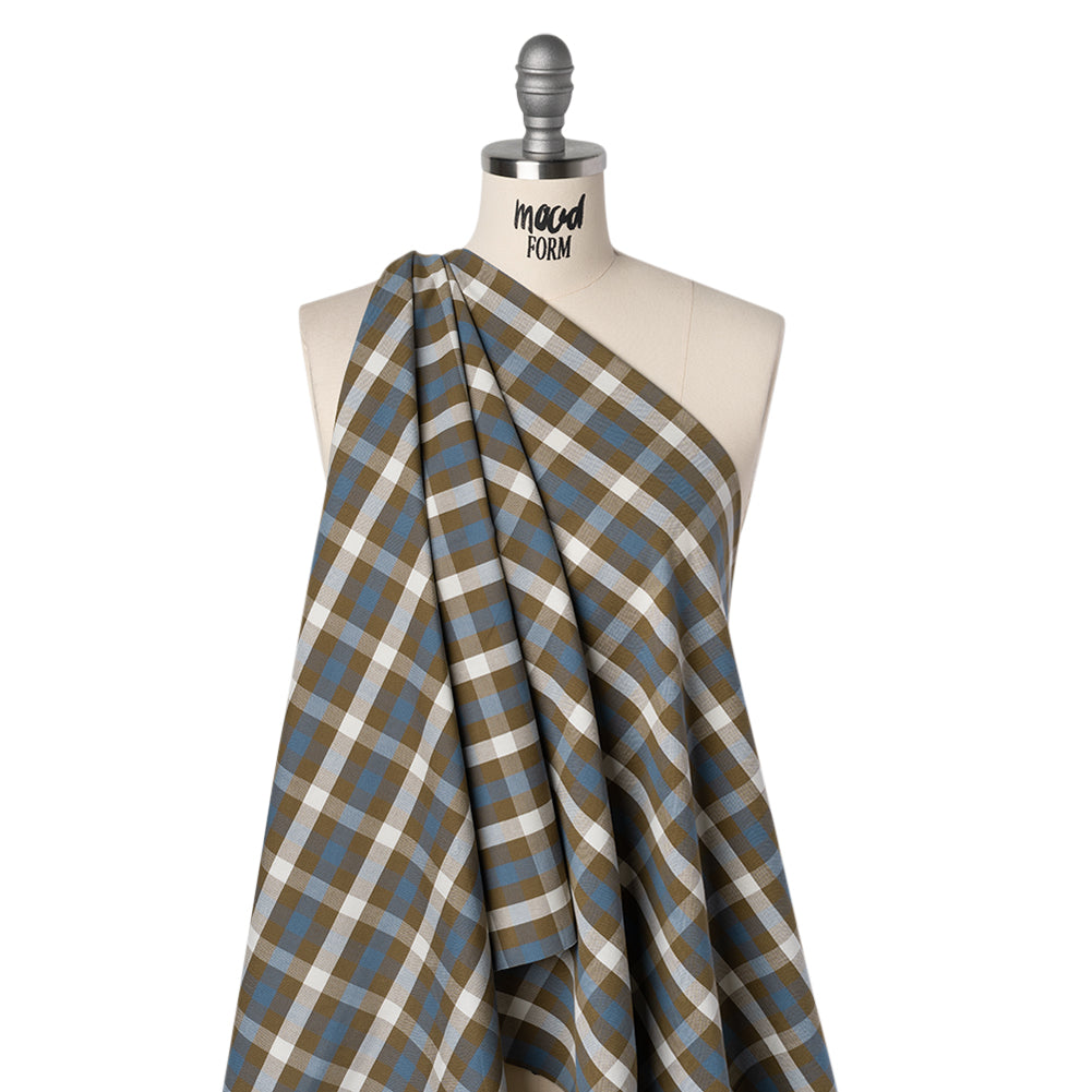 Cotton Oxford Shirting - Olive Brown, White and Blue Big Tattersall Check - Deadstock - Joann Fabrics