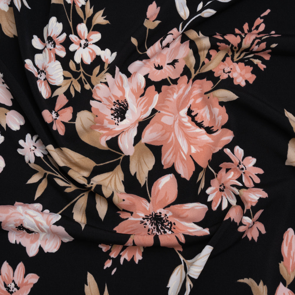 Stretch Polyester Jersey with Puff Print - Black, Pink and Beige Floral - Designer Deadstock - Joann Fabrics