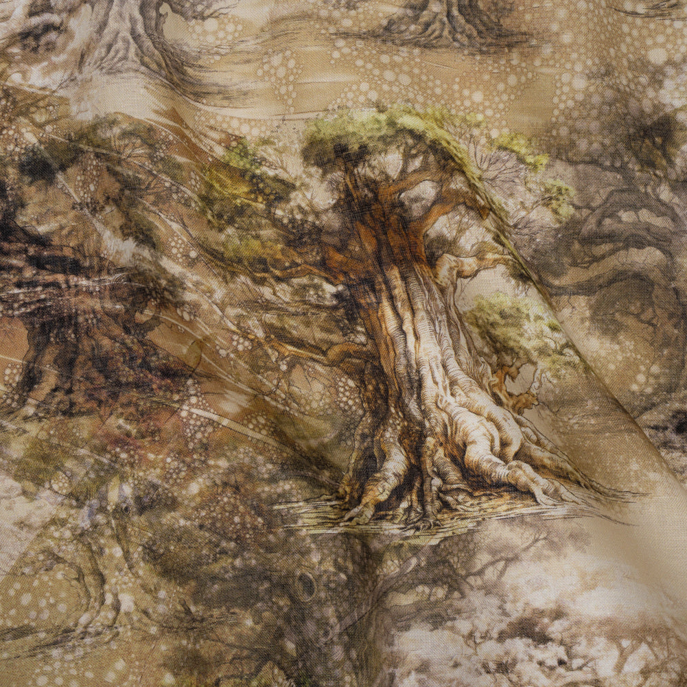 Medium Weight Linen Woven Print - Sand Beige and Green Giant Trees - Joann Fabrics