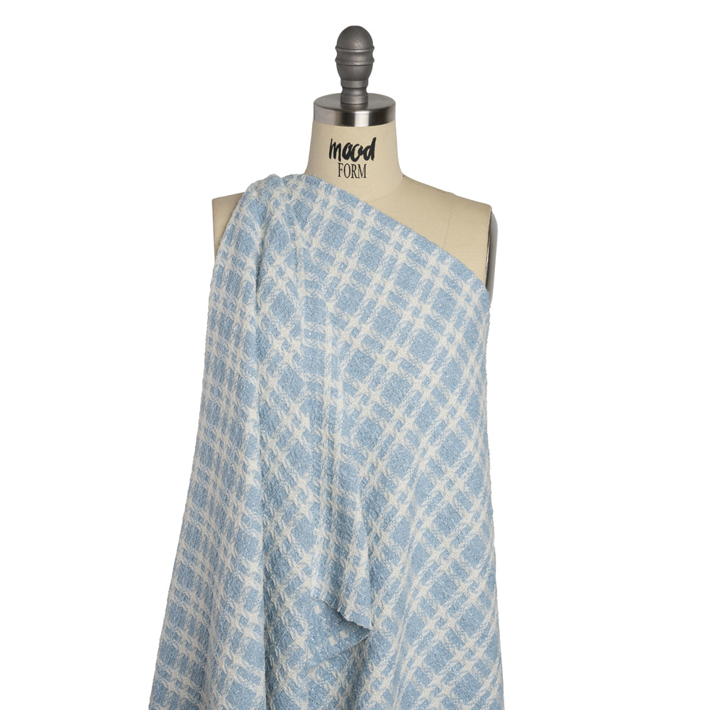Cotton and Polyester Plaid Tweed with Baby Sequins and Eyelash Fringe - Baby Blue and White - Deadstock - Joann Fabrics