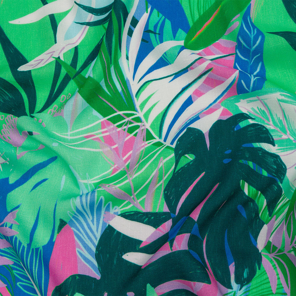 Slubbed Viscose Woven Print - Green and Blue Leaves - Mood Exclusive Tropical Tango - Joann Fabrics