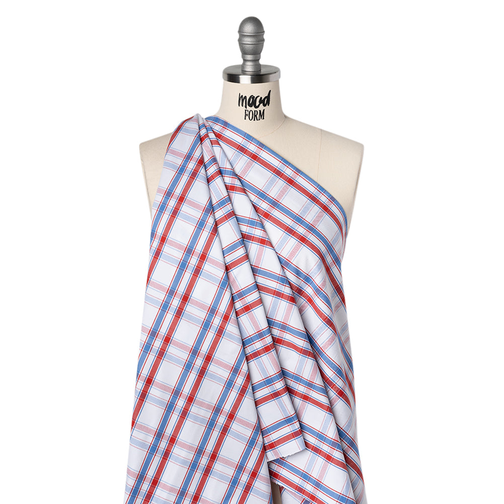 Cotton Oxford Shirting - Sky Blue, Tango Red and White Plaid - Deadstock - Joann Fabrics