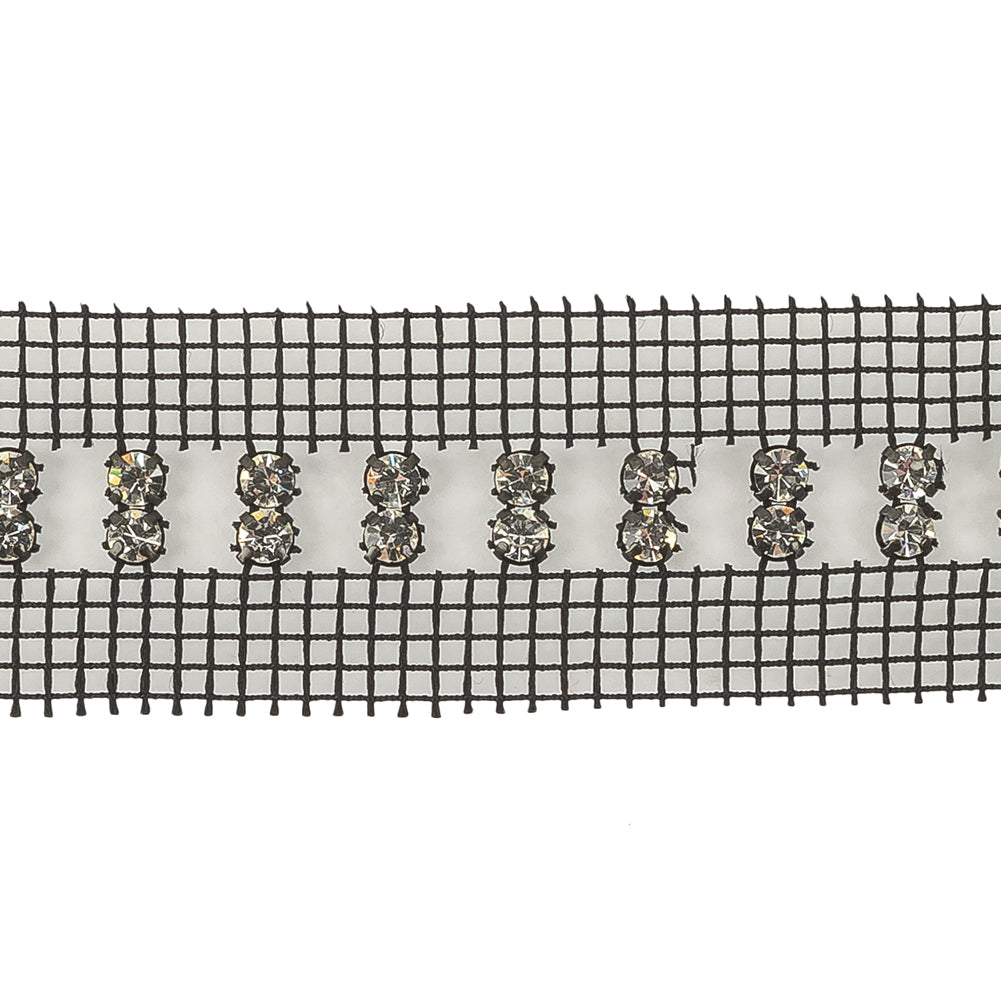 Vintage Vertical Crystal Rhinestones on Double Edge Black Mesh Trimming - 1.375