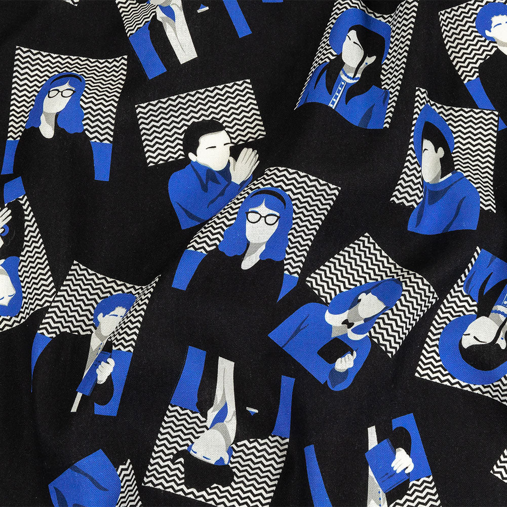 Linen and Rayon Woven - Blue and Black Talking Heads - In the Blues Print - Mood Exclusive Indigo Collection - Joann Fabrics