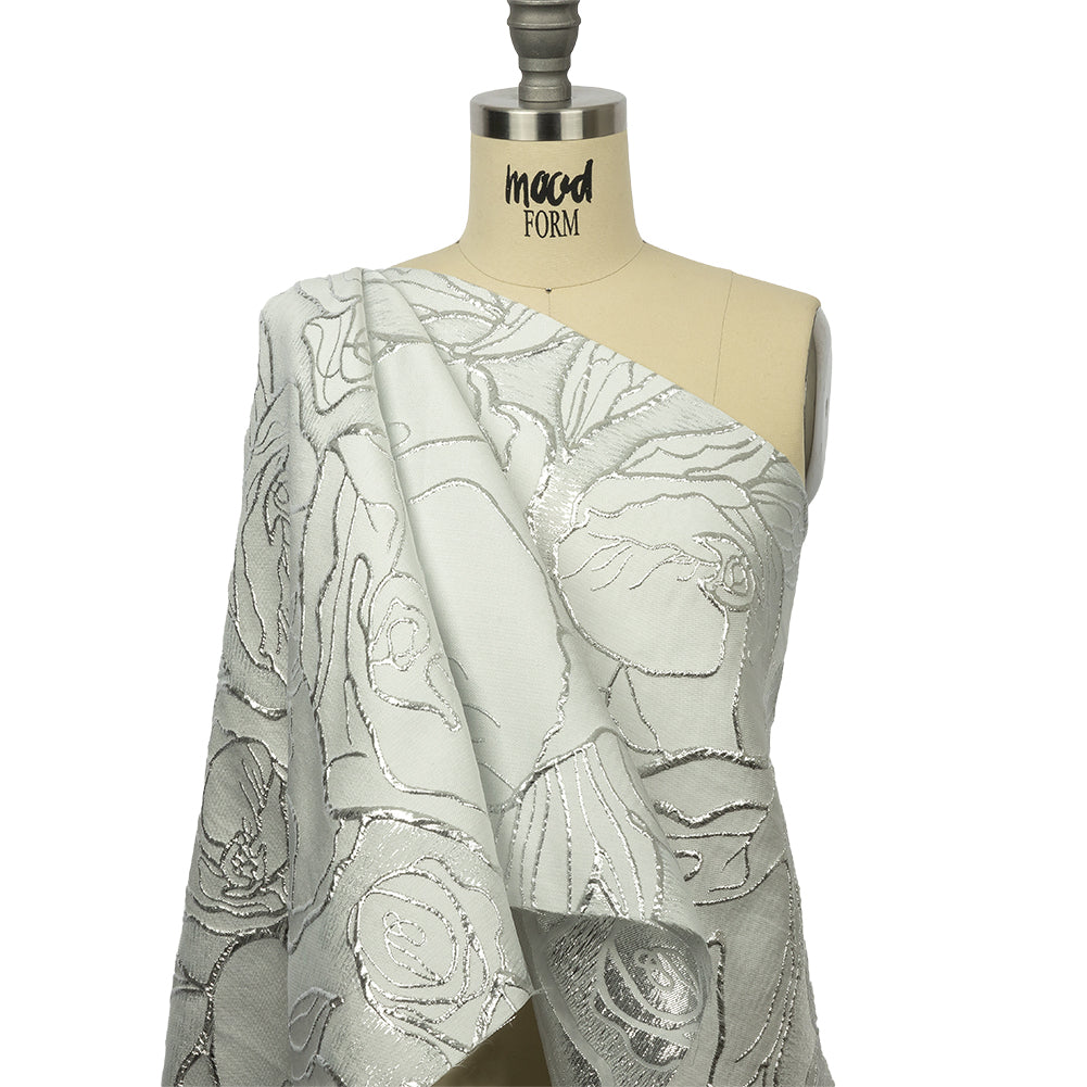 Metallic Silver and White Outlined Florals Luxury Brocade - Joann Fabrics
