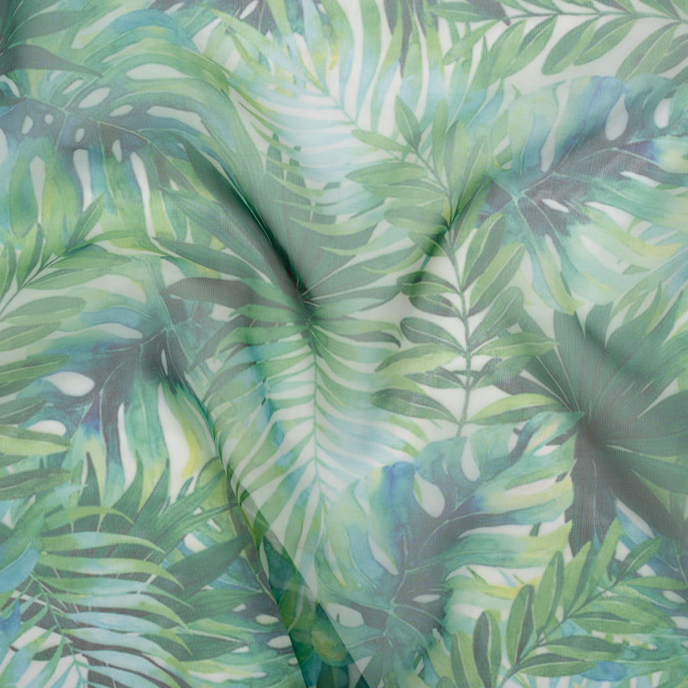 Polyester and Viscose Organza - Green and Sky Blue Topical Leaves - Joann Fabrics