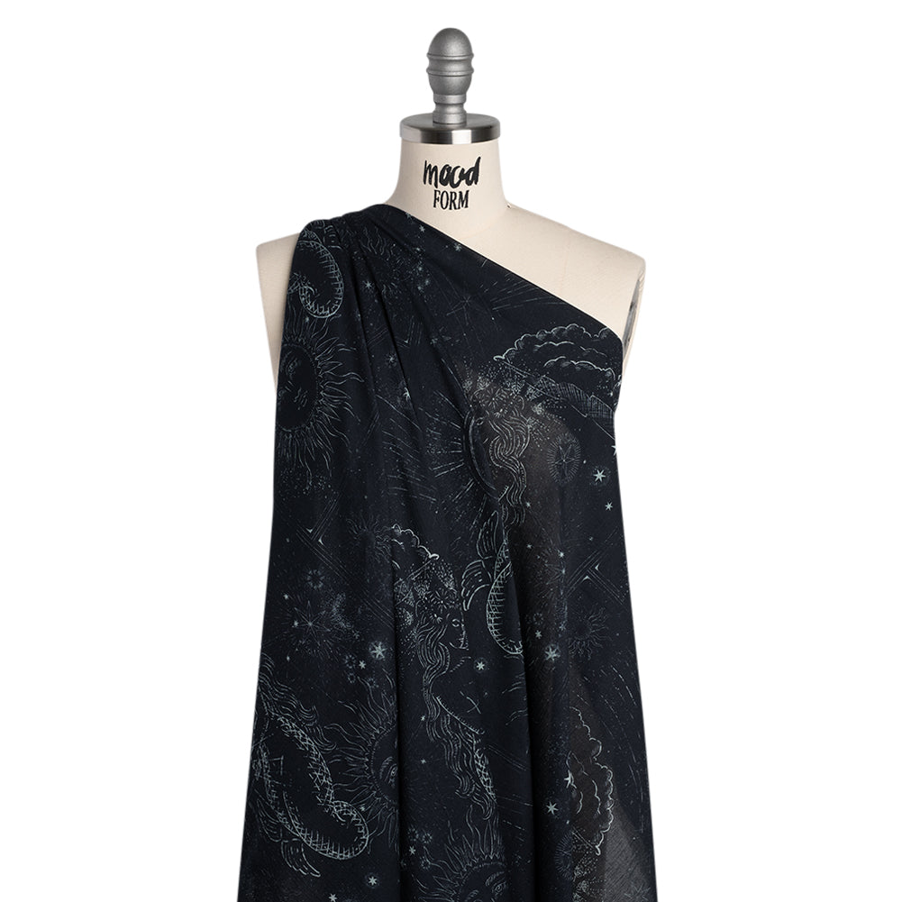 Crinkled Cotton Gauzy Woven - Midnight Blue and White Celestial Motifs - Mood Exclusive Moonlit Tides Print - Joann Fabrics