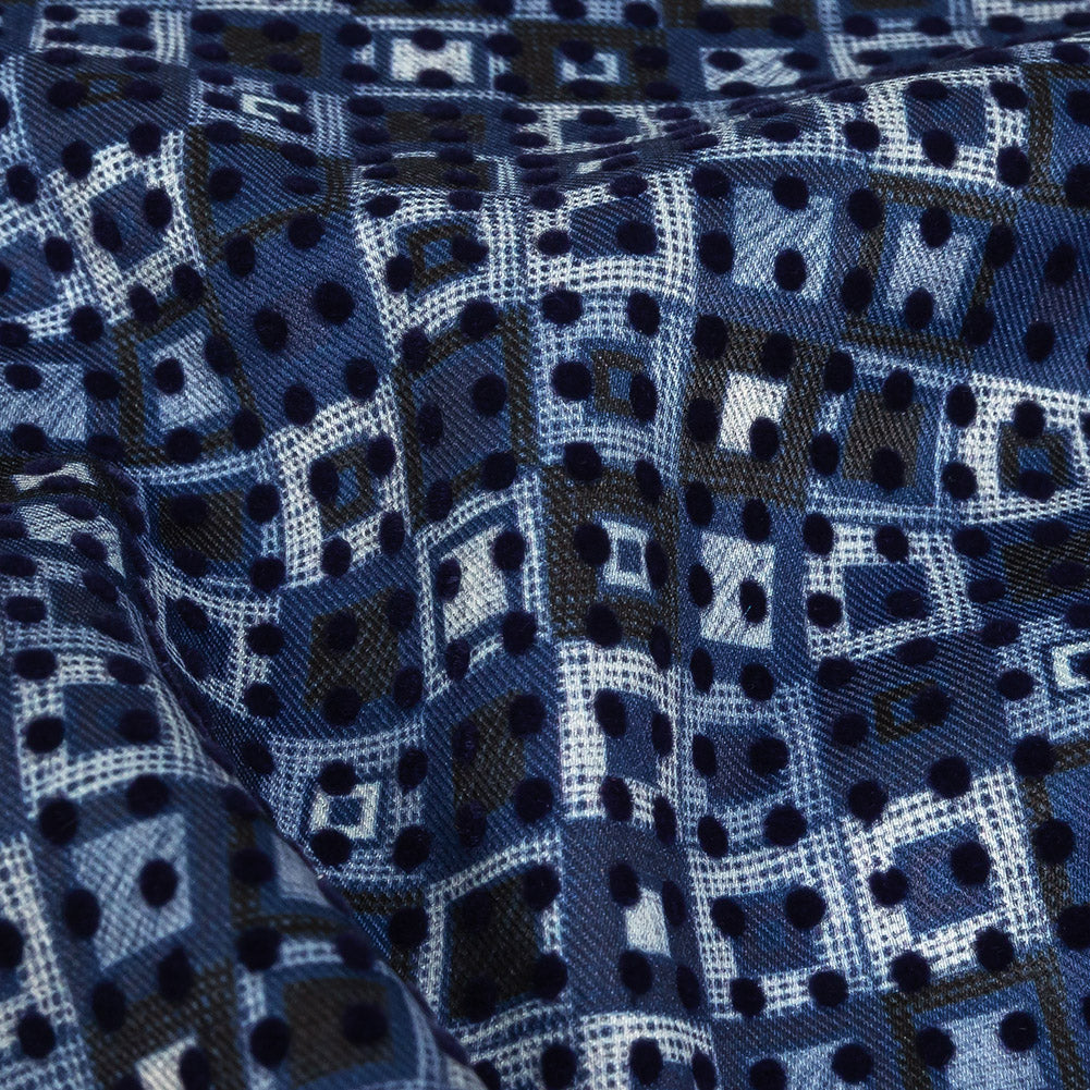 Navy Flocked Polka Dots on White, Twilight Blue and Maritime Blue Squares Stretch Cotton Twill - Joann Fabrics