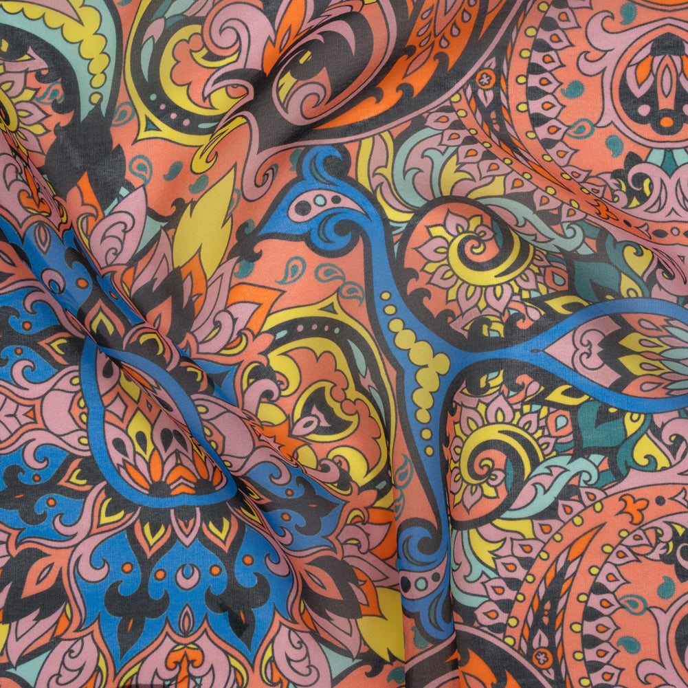 China Silk/Habotai Print - Orange, Pink and Blue Paisley Circus - Deadstock - Joann Fabrics