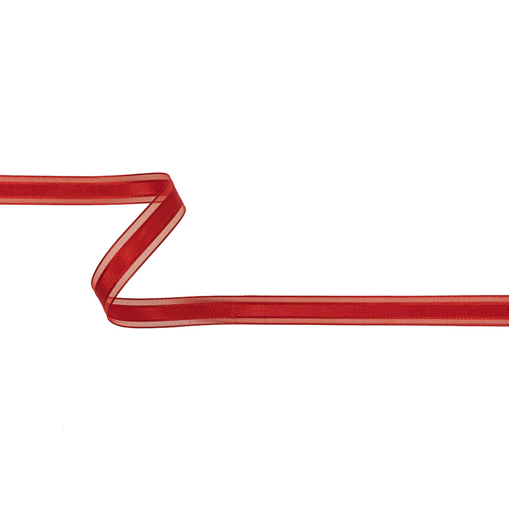 Red Woven Ribbon with Sheer Organza Borders - 0.5