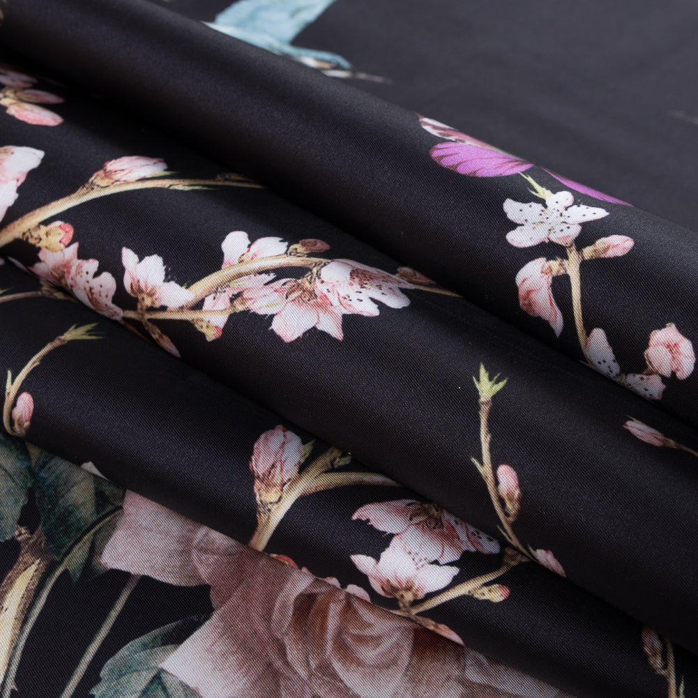 Roses, Hummingbirds and Butterflies Digitally Printed on a Black Premium Mikado/Twill - Joann Fabrics