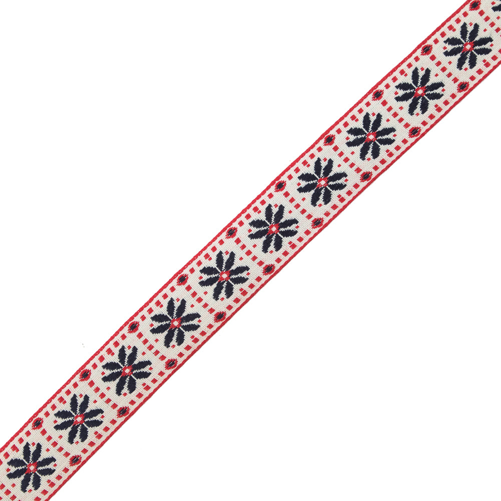German Red and Blue Floral Jacquard Ribbon - 1