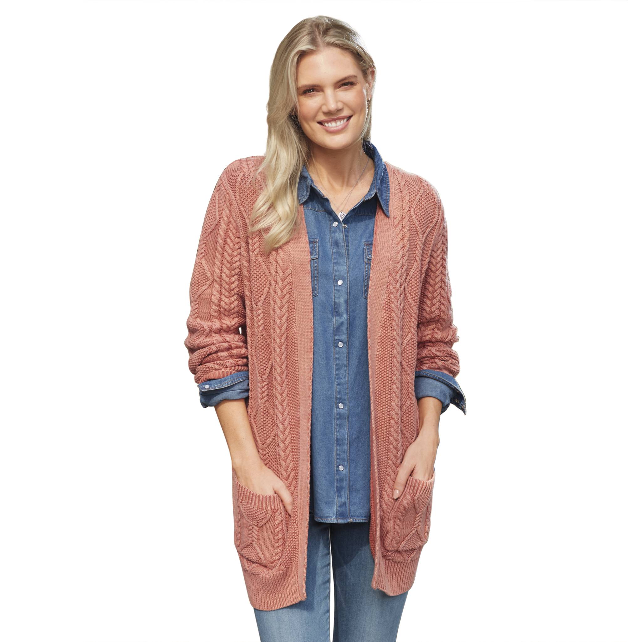 Vintage-Wash Cotton Cable Cardigan, Front Pockets, Long Sleeves - Northstyle Catalog
