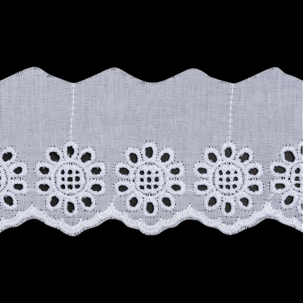 Cotton and Polyester Embroidered Eyelet Lace Trim with One Finished Scalloped Edge - 2.25