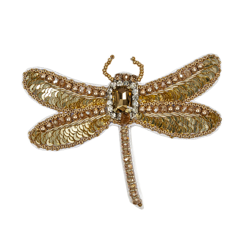 Gold and Champagne Dragonfly Rhinestone and Glass Beaded Applique - 3.25