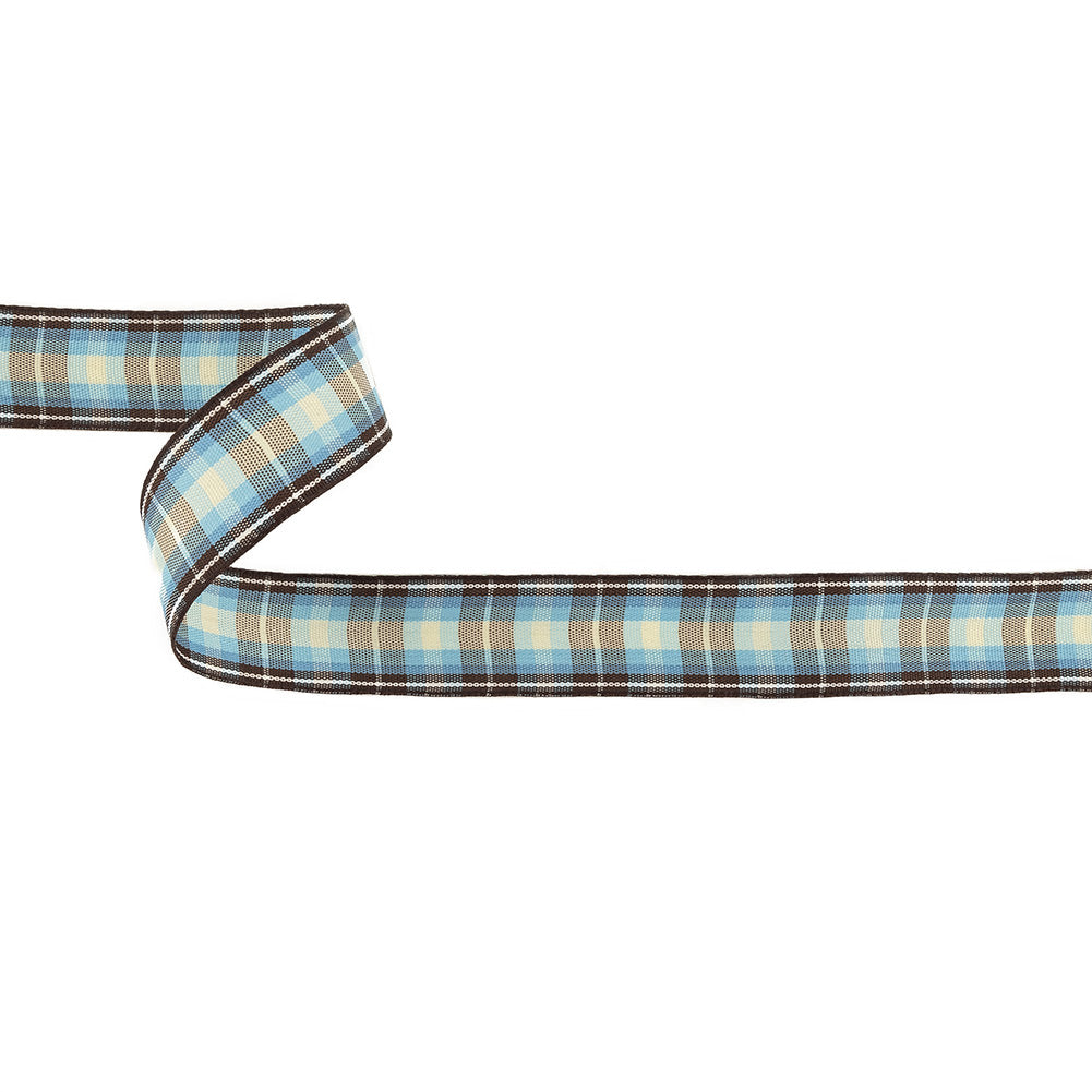 Brown, Blue and Pear Sorbet Plaid Woven Ribbon - 0.9375