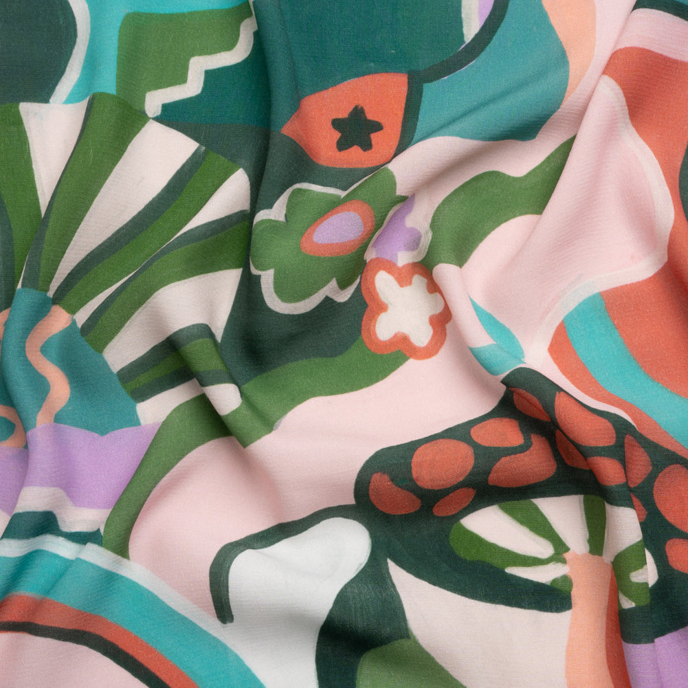 Sustainable Viscose Woven Print - Pink, Green and Blue Mushrooms and Abstract - Mood Exclusive Mid Mod Mushroom - Joann Fabrics