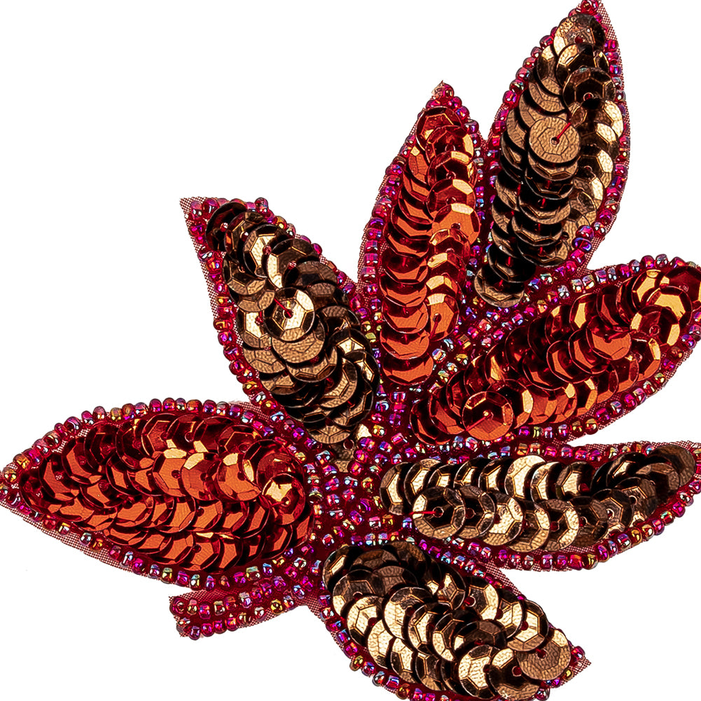Vintage Red and Bronze Sequins and Red-lined Beaded Leaf Applique - 4