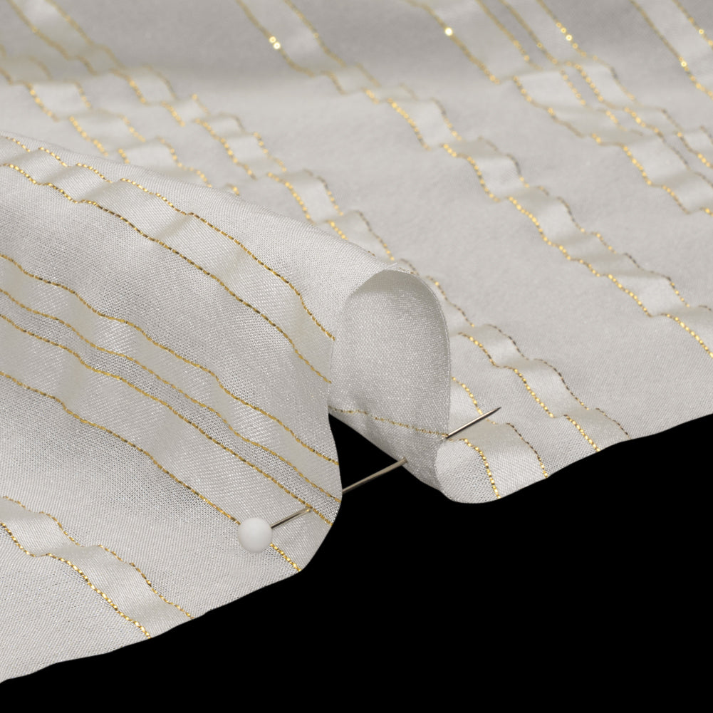 Famous Australian Designer White and Metallic Gold Satin Burnout Stripes Silk Woven - Joann Fabrics