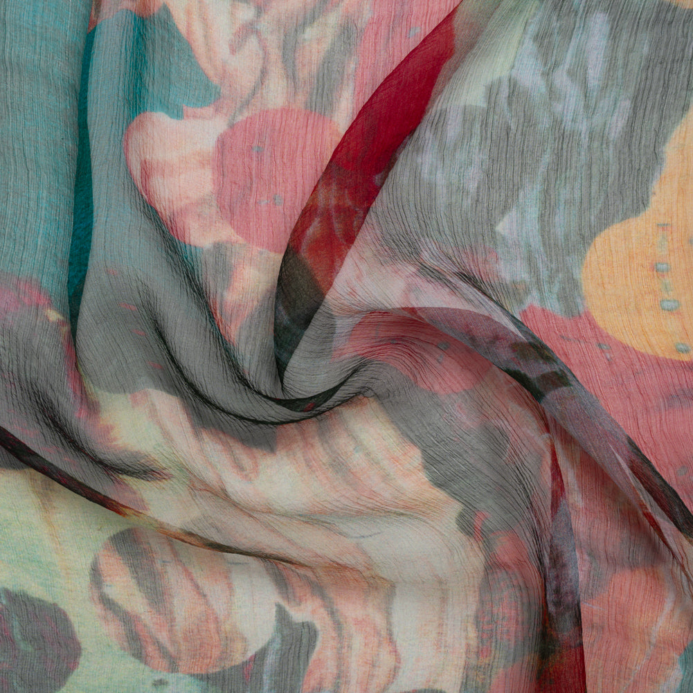 Crinkled Silk Chiffon Print - Dark Teal, Green and Red Abstract Florals - Deadstock - Joann Fabrics