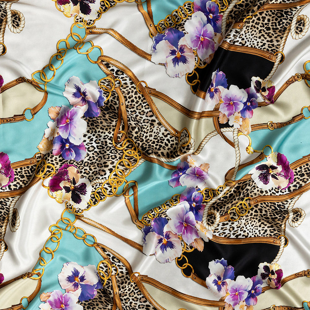 Mood Exclusive Italian Chains, Straps, Flora and Leopard Spots Digitally Printed Silk Charmeuse Panel - Joann Fabrics