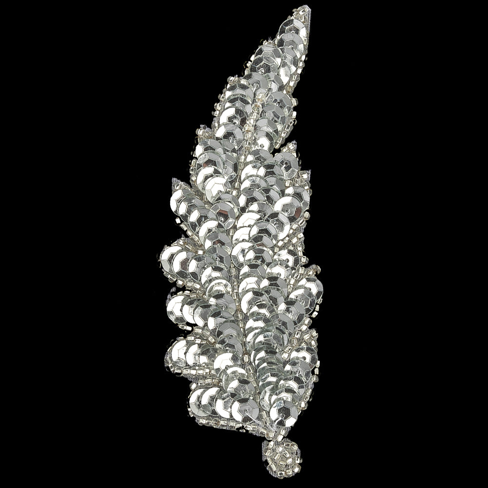 Vintage Silver Sequins and Silver-lined Beaded Leaf Applique - 4