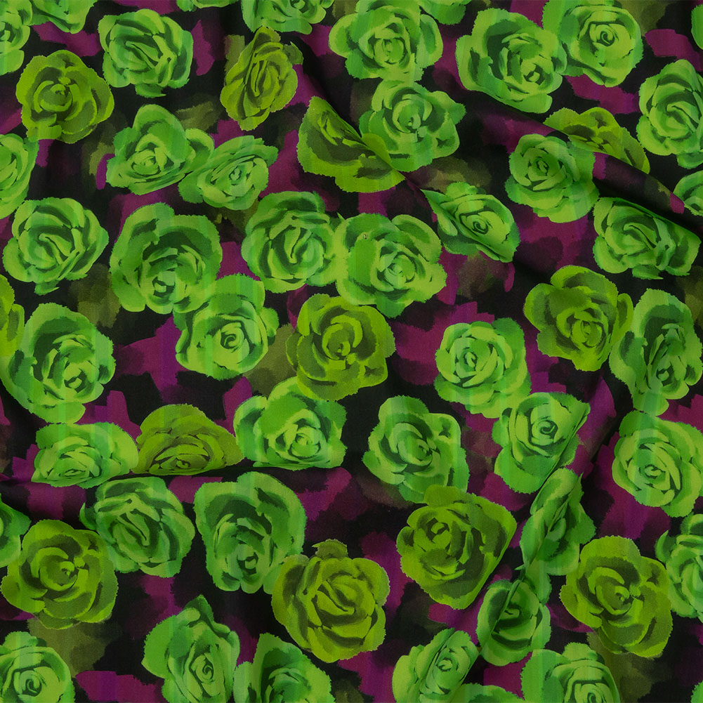 Cotton Poplin Print - Lime Green and Purple Roses - Mood Exclusive Ghost of a Rose - Joann Fabrics