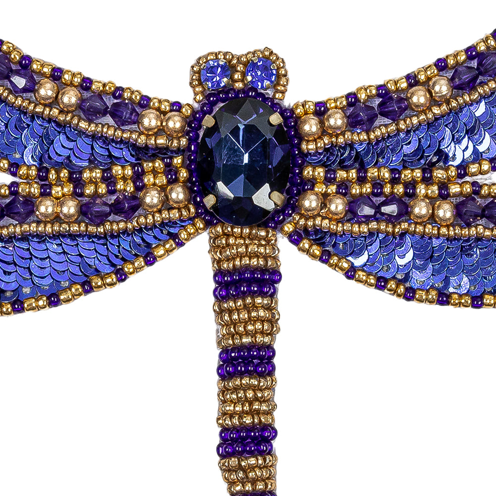 Magnetic Blue and Gold Dragonfly Rhinestone and Glass Beaded Applique - 2.75